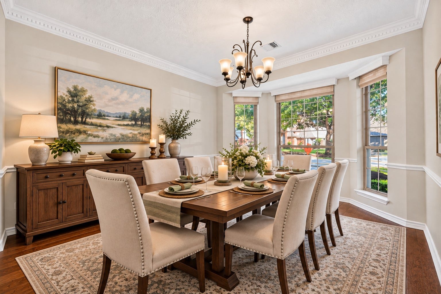VIRTUALLY STAGED FOR MEMORABLE GATHERINGS! Imagine Thanksgiving dinner with loved ones, holiday celebrations or simply gathering around the table to share stories about the day! Measuring approximately 14.89' x 11.36', this spacious formal dining room is virtually staged with seating for EIGHT, showcasing its wonderful entertaining possibilities! Beautiful hardwood floors, elegant crown & chair rail molding, a lovely chandelier & bay windows create an inviting setting.