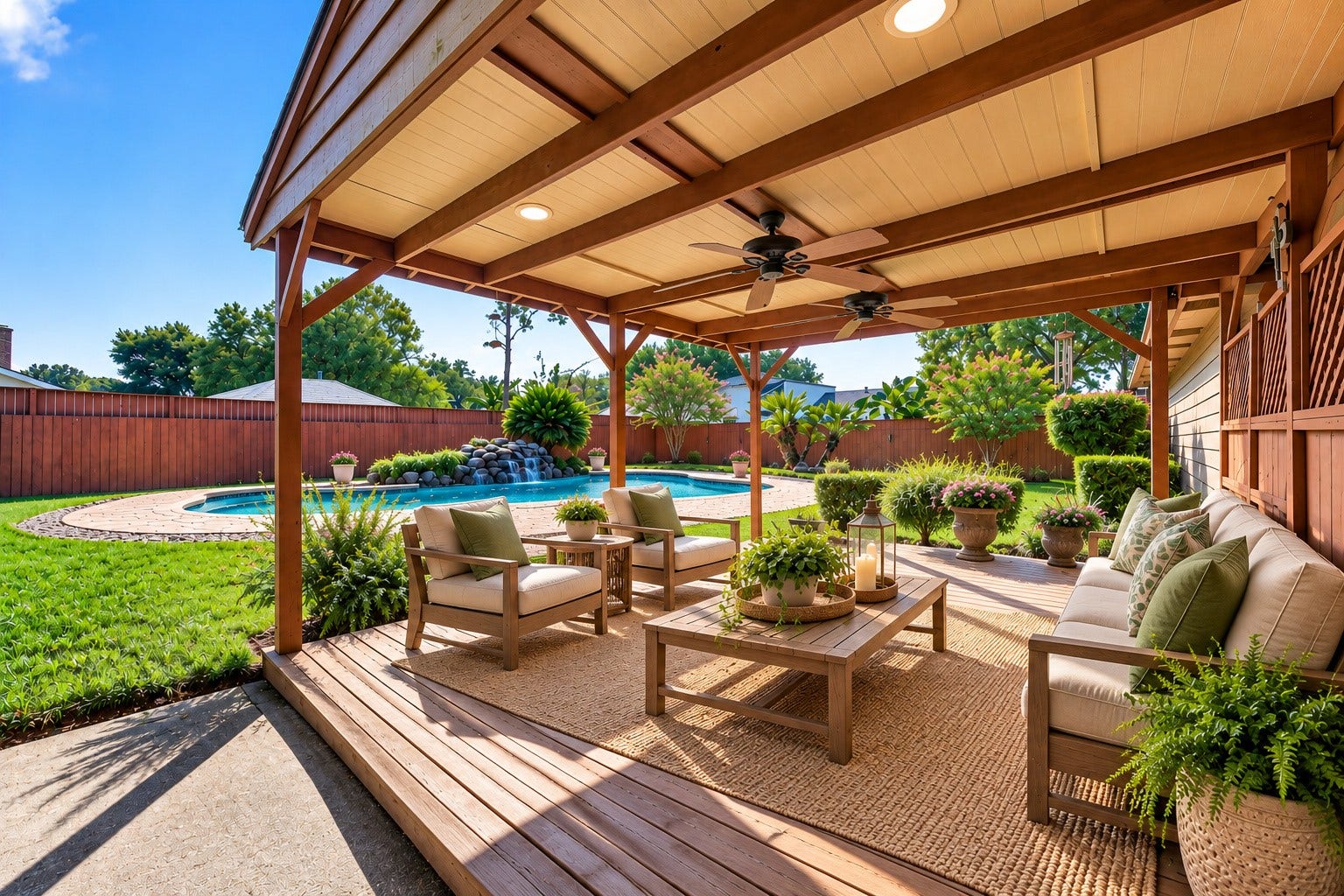 VIRTUALLY STAGED FOR OUTDOOR LIVING! Imagine enjoying your morning coffee overlooking the pool, relaxing with a good book on a lazy afternoon or gathering with friends for conversation after dinner! This virtually staged covered wood deck illustrates how comfortably a sofa, two chairs & coffee table can create an inviting outdoor living area making this a wonderful place to relax, entertain & enjoy life outdoors!