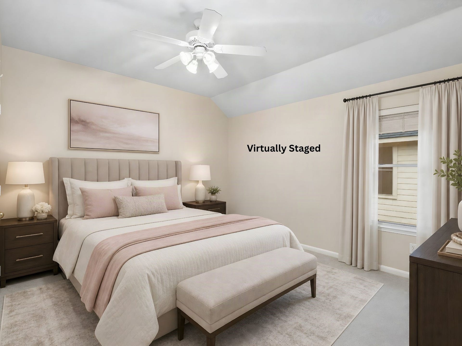 Virtually staged Bedroom 3 illustrates how the room can be personalized into a welcoming bedroom retreat. The staging helps buyers better appreciate the room's usable space and envision how their own furniture and design choices could transform it. Virtual furnishings are not included.