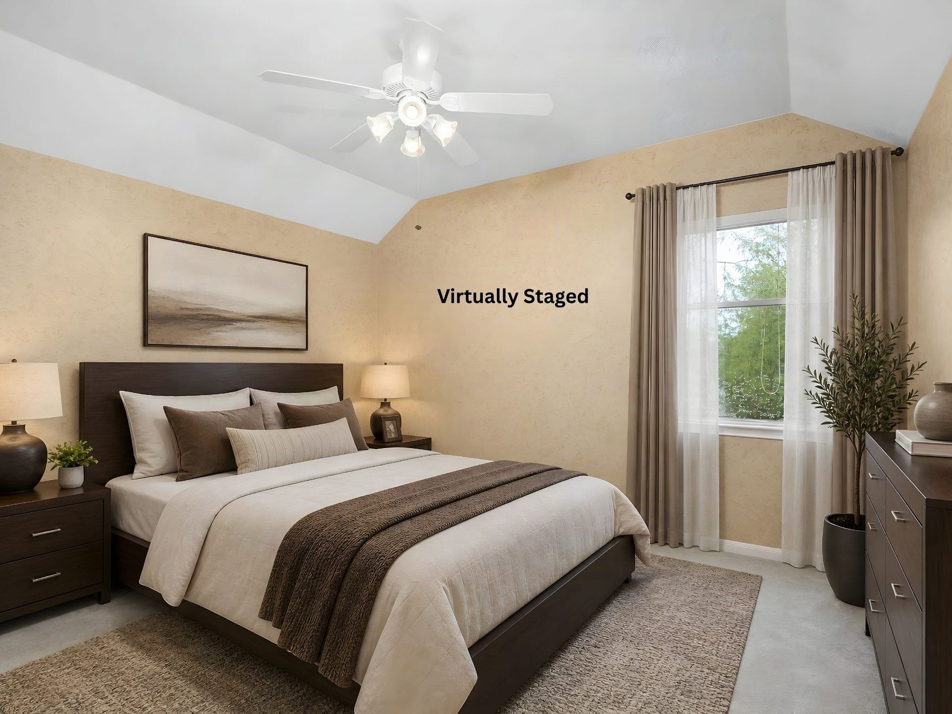 Virtually staged bedroom demonstrates the potential to create a peaceful, comfortable retreat using the room's existing footprint and natural light. The design provides inspiration for buyers while leaving the space open for their own furnishings and personal style. Virtual staging is not representative of included furnishings.