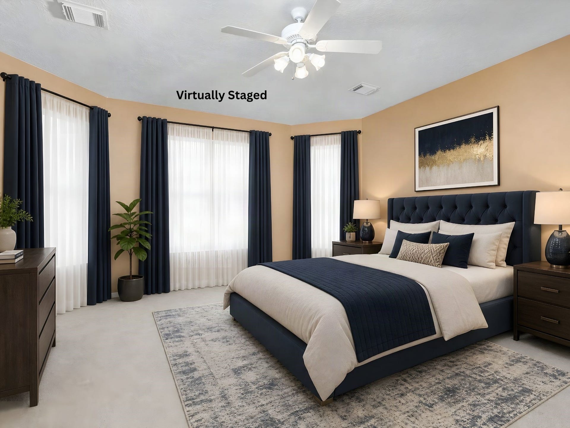 Virtually staged primary bedroom demonstrates how the room can be transformed into a serene private retreat with a sophisticated design approach. The generous room provides the canvas; the staging helps buyers visualize what their own furnishings and style could achieve. Virtual furnishings are for illustrative purposes only.