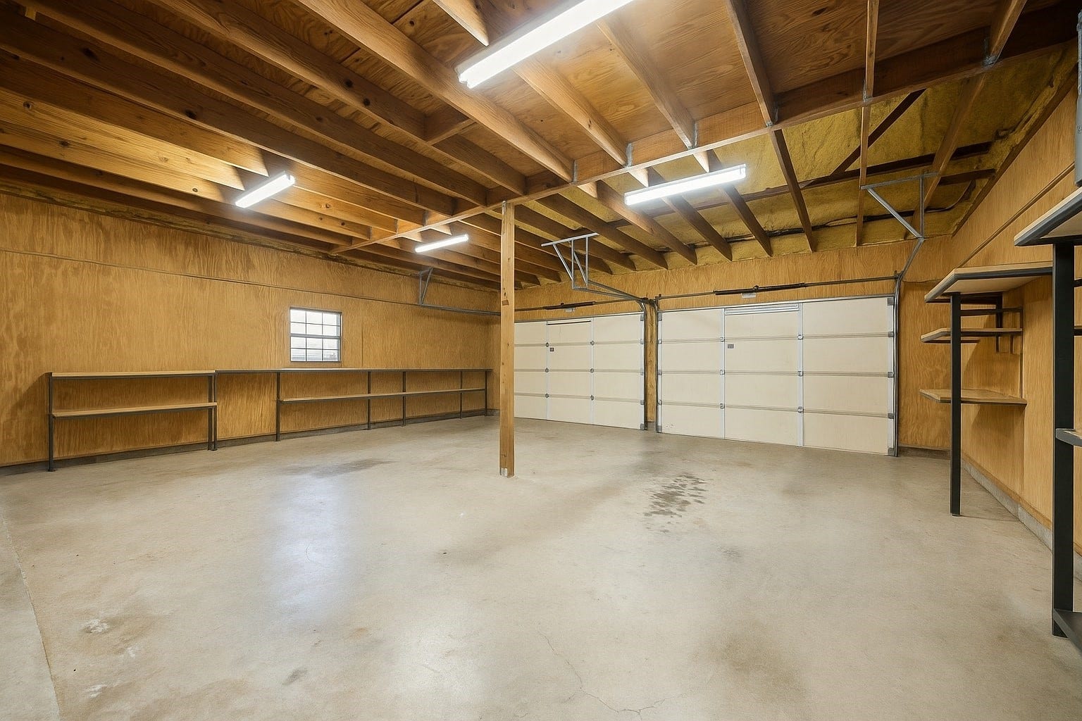 A spacious detached 2-car garage with room for vehicles, gear, and tools. Multiple shelving systems and open layout provide smart organization options ideal for families, hobbyists, or those needing flex storage. Virtually decluttered to help visualize potential use.