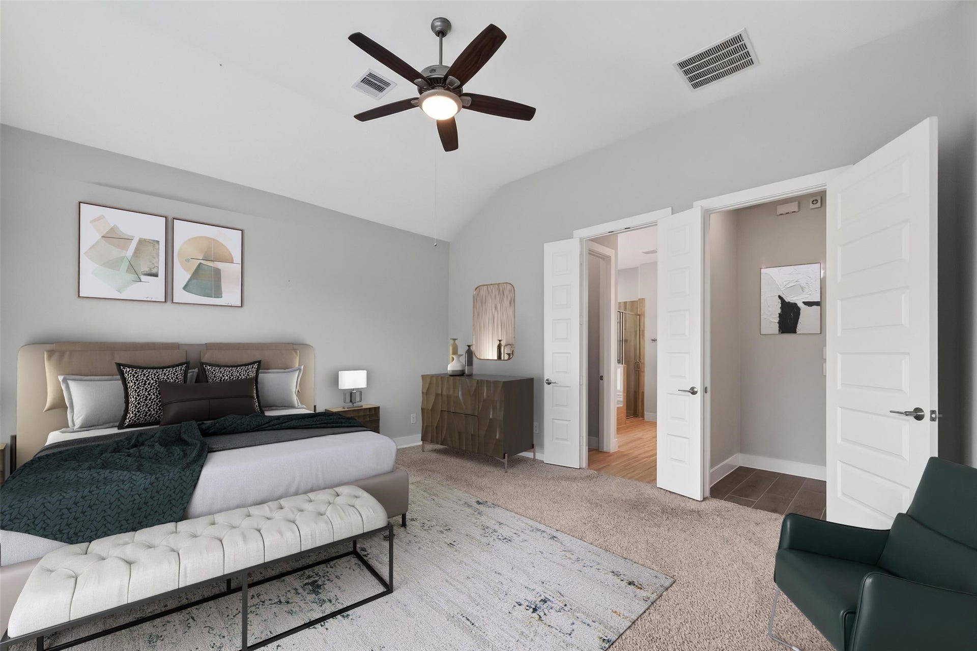 3415 Mckinney Ridge Drive, Houston, TX 77059 Virtually staged primary bedroom retreat shown with king bed, bench, chair and dresser.