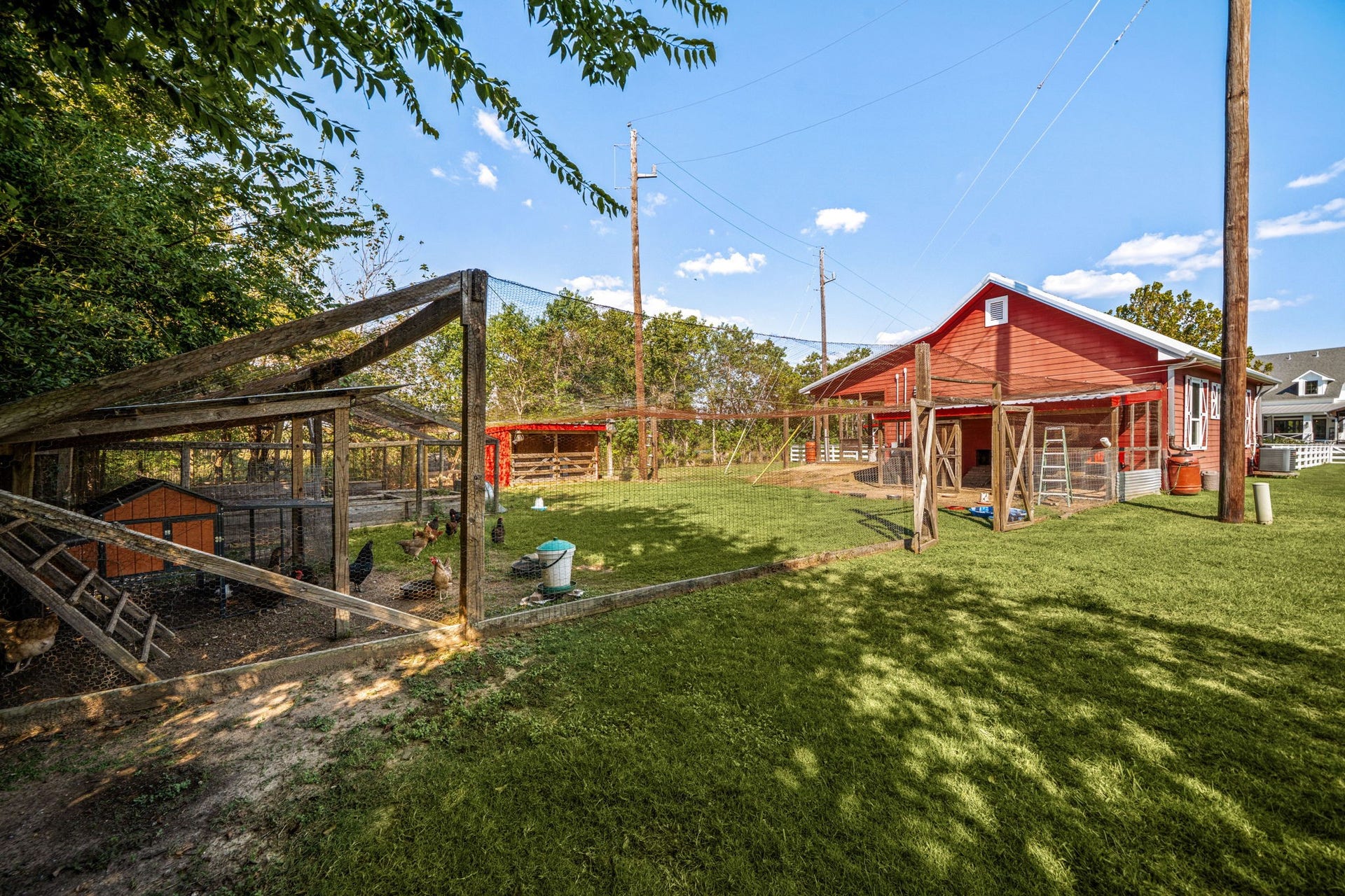 6571 Manorwood Drive, Katy, TX 77493 This versatile acreage layout comes complete with a dedicated poultry coop, secure protective netting, and a charming multi-purpose red barn with ample storage. Chickens and ducks could stay!