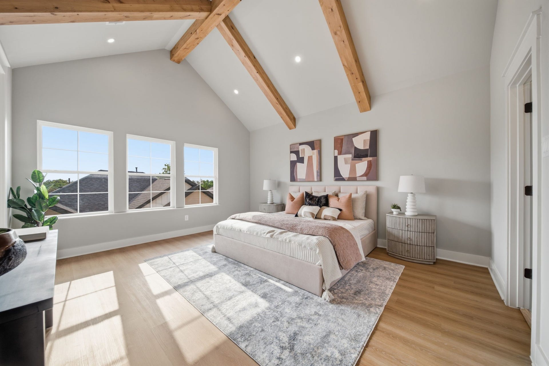 Primary suite with wood beams
