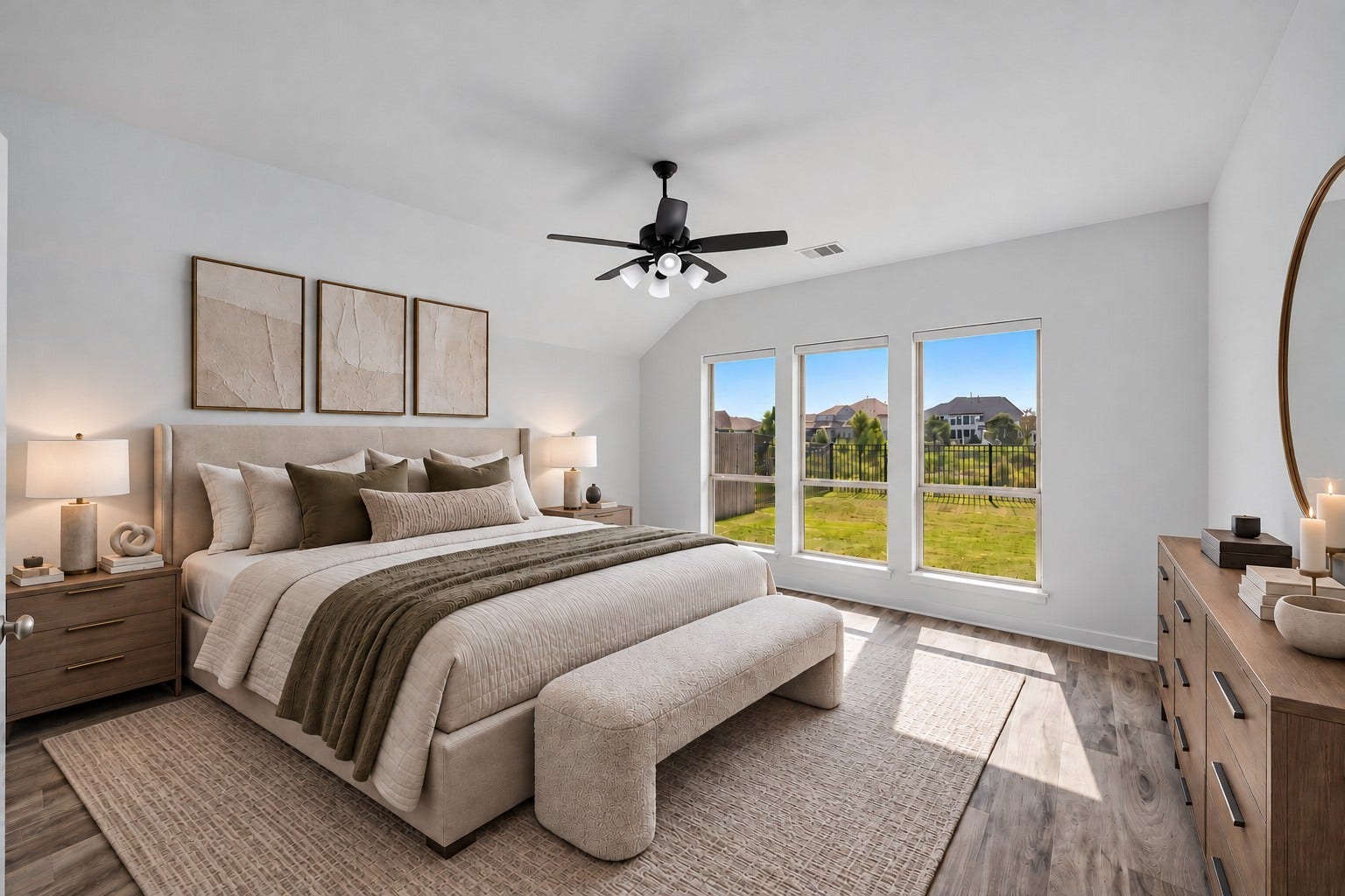 24919 Hibiscus Garden Way, Katy, TX 77493 Virtually Staged: High ceilings and a wall of tall picture windows give this primary bedroom an expansive, airy feel filled with natural light.
