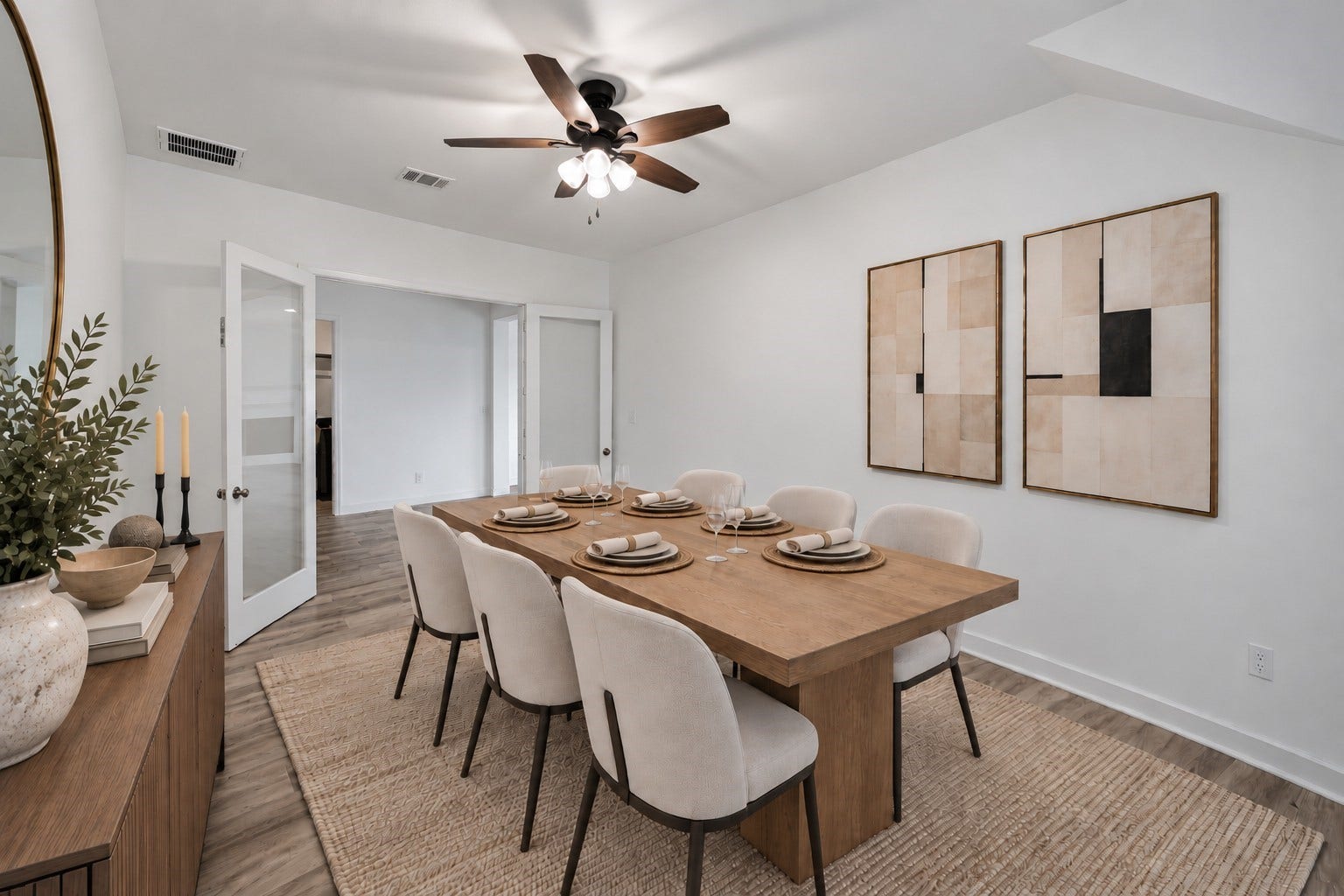 24919 Hibiscus Garden Way, Katy, TX 77493 Virtually Staged: Overhead air circulation and generous wall spans give the room an open, breathable volume with smooth connectivity to the adjoining corridor.