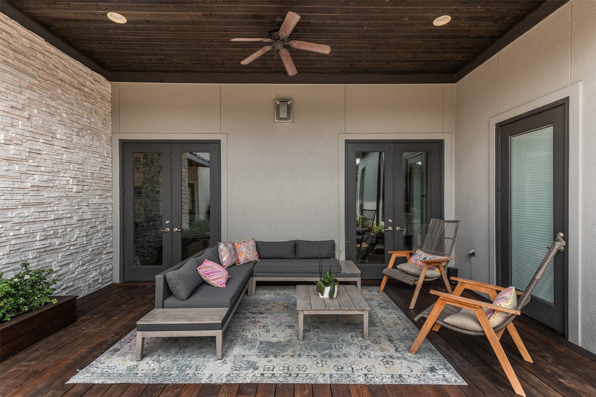 Relax in comfort on your covered back patio with ceiling fan and recessed lighting.