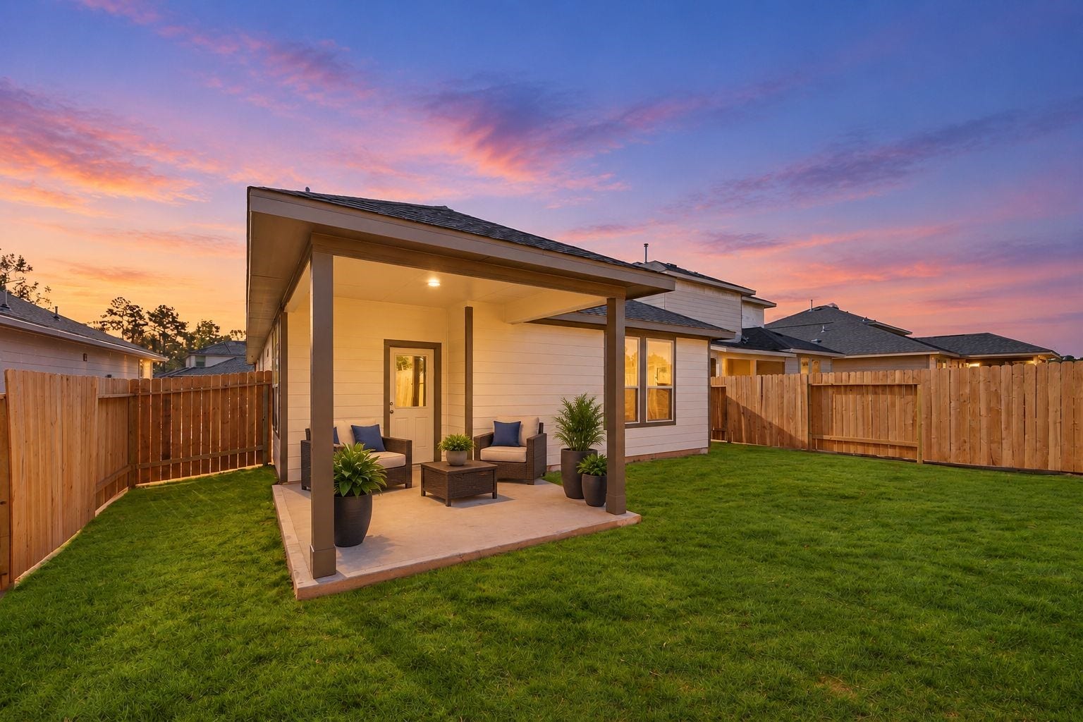 Imagine evening under the covered patio.  Virtually staged.