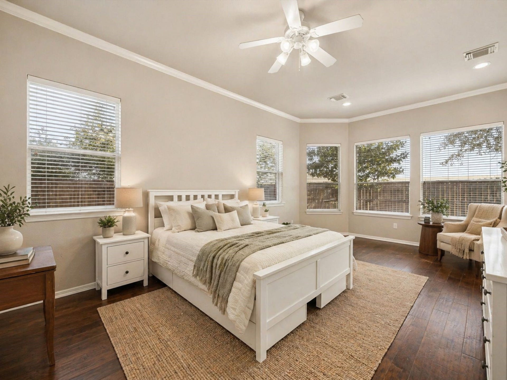 2202 SUMMER WIND DRIVE, Sugar Land, TX 77479 SPACIOUS PRIMARY SUITE WITH GORGEOUS FLOORS AND DIRECT ACCESS TO A PRIVATE BALCONY OVERLOOKING THE BACKYARD AND GREENSPACE. A PEACEFUL AND PRIVATE RETREAT. **Virtually Staged.