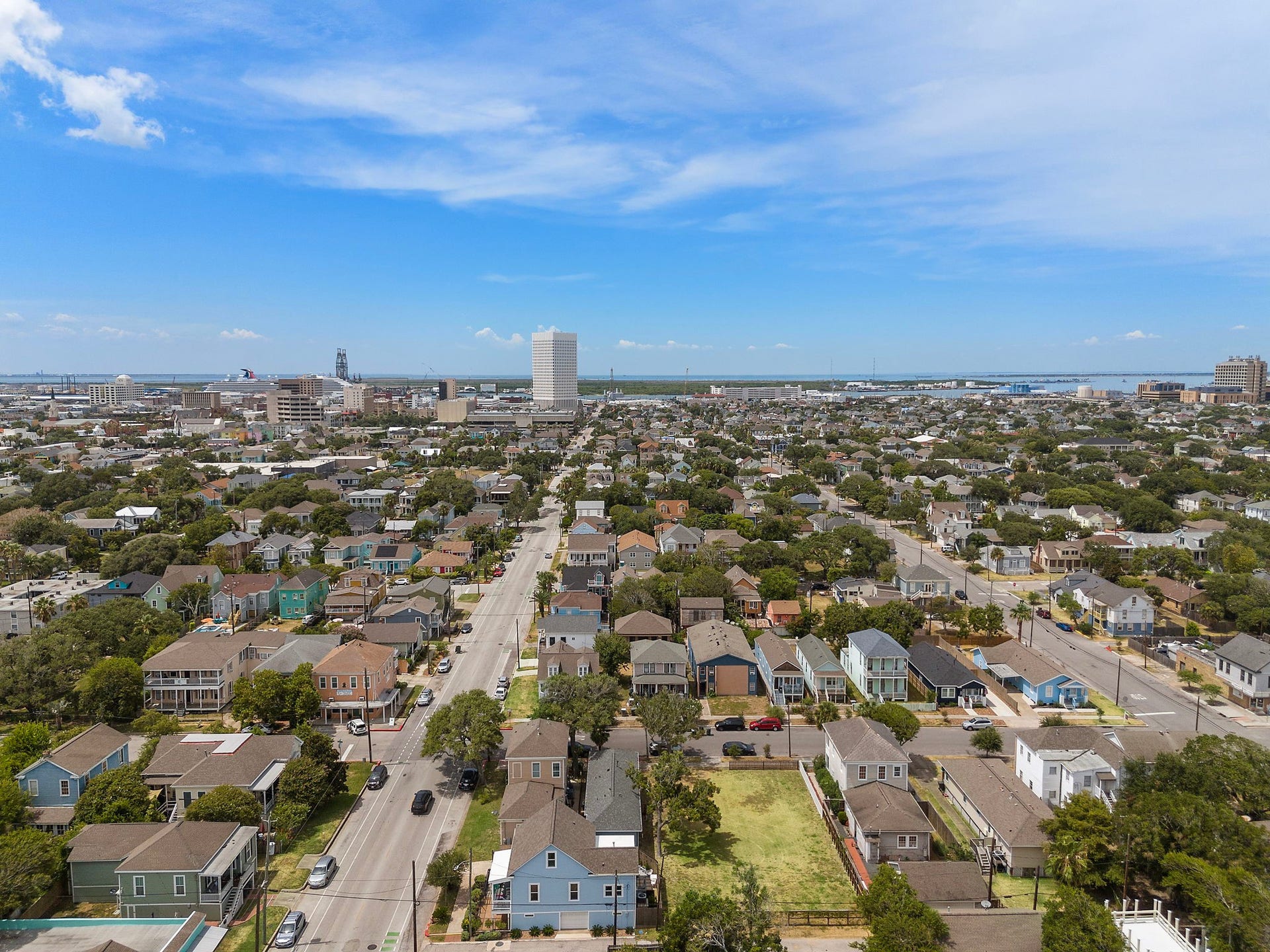 1825 Avenue N Street, Galveston, TX 77550 Another aerial view of home looking to downtown Galveston.