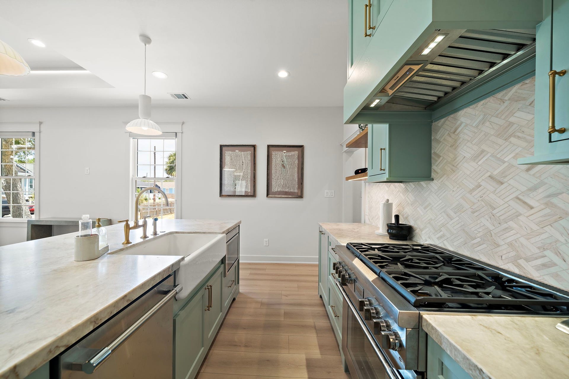 1825 Avenue N Street, Galveston, TX 77550 View of kitchen island, stainless steel appliances, gas stove and tons of countertop space.