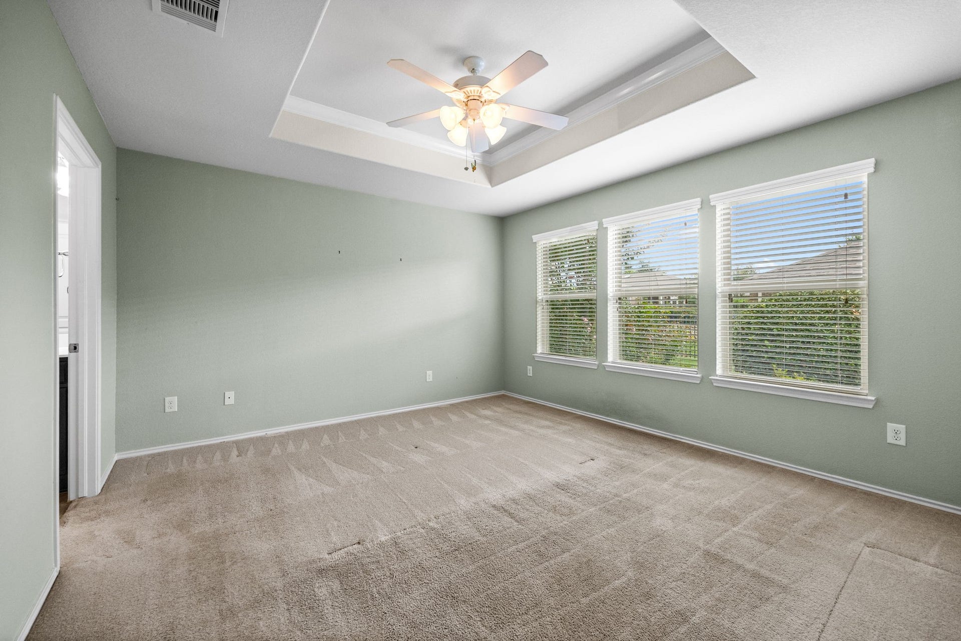 Primary bedroom has a tray ceiling and the three windows overlook the lush, landscaped backyard.