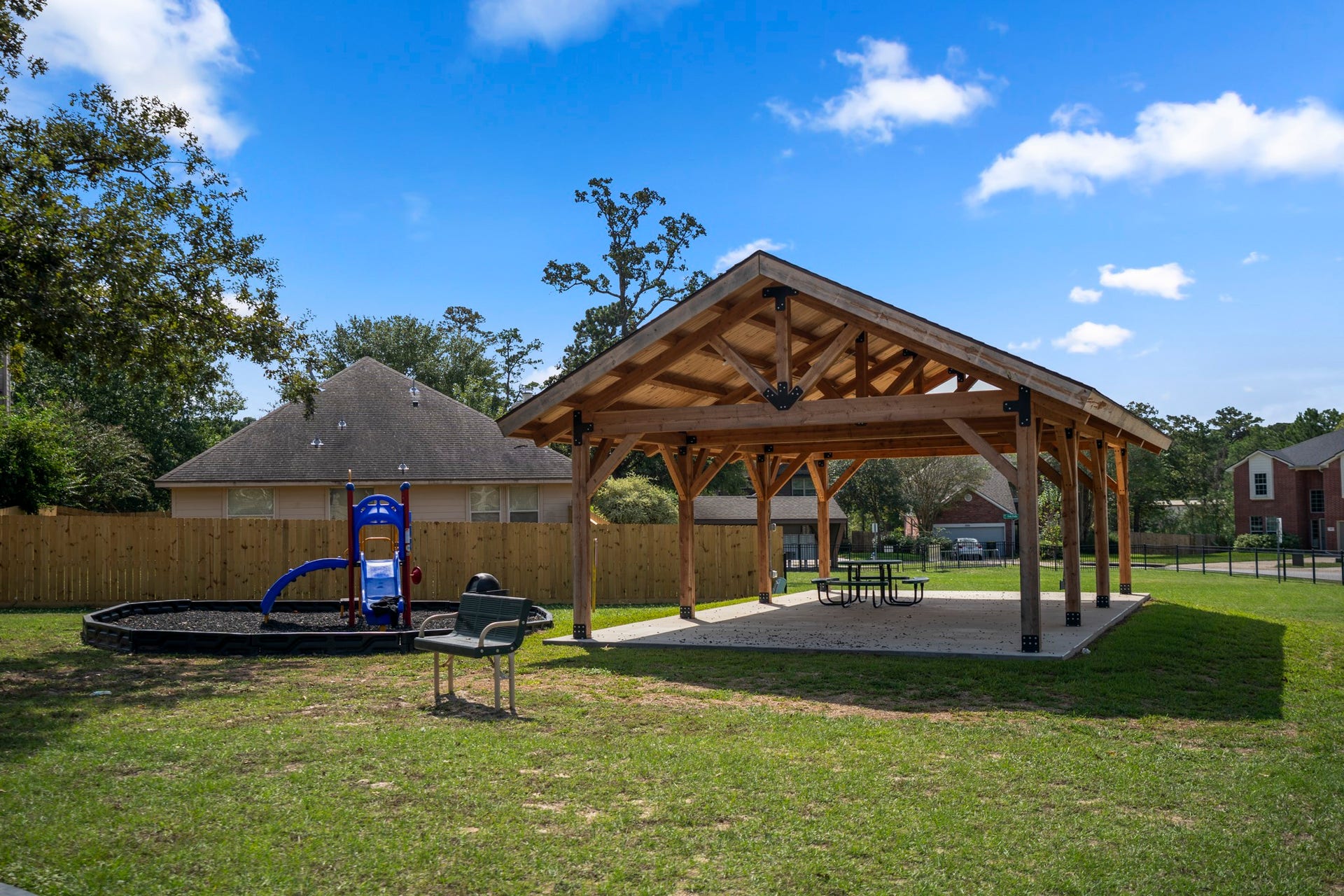 942 Oak Glen Drive, Conroe, TX 77378 A covered pavilion adds another spot to enjoy time outside, whether its a neighborhood picnic, a shaded break while the kids play, or an easy place to gather close to home. Its one more piece of the Olde Oaks lifestyle that gives residents a little extra outdoor space to enjoy.