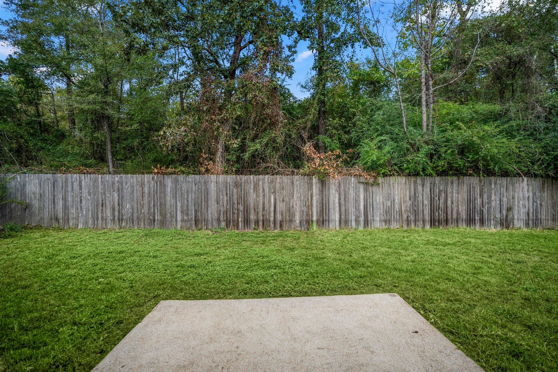 942 Oak Glen Drive, Conroe, TX 77378 Step outside to a backyard that feels especially open thanks to the homes setting, with no back neighbor and mature trees lining the view beyond the fence. The patio gives you an easy spot for grilling, outdoor dinners, or a quiet morning coffee, while the lawn leaves plenty of room to enjoy the yard without feeling boxed in.
