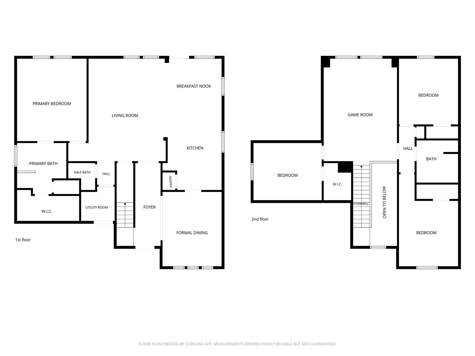 942 Oak Glen Drive, Conroe, TX 77378 Heres the full floor plan at a glance, showing how the home is organized across two levels. Downstairs, the foyer connects to the formal dining room, kitchen, breakfast area, living room, utility room, powder bath, and primary suite. Upstairs, the gameroom sits at the center with three secondary bedrooms and a full bath arranged around itan easy layout to understand before seeing the home in person.
