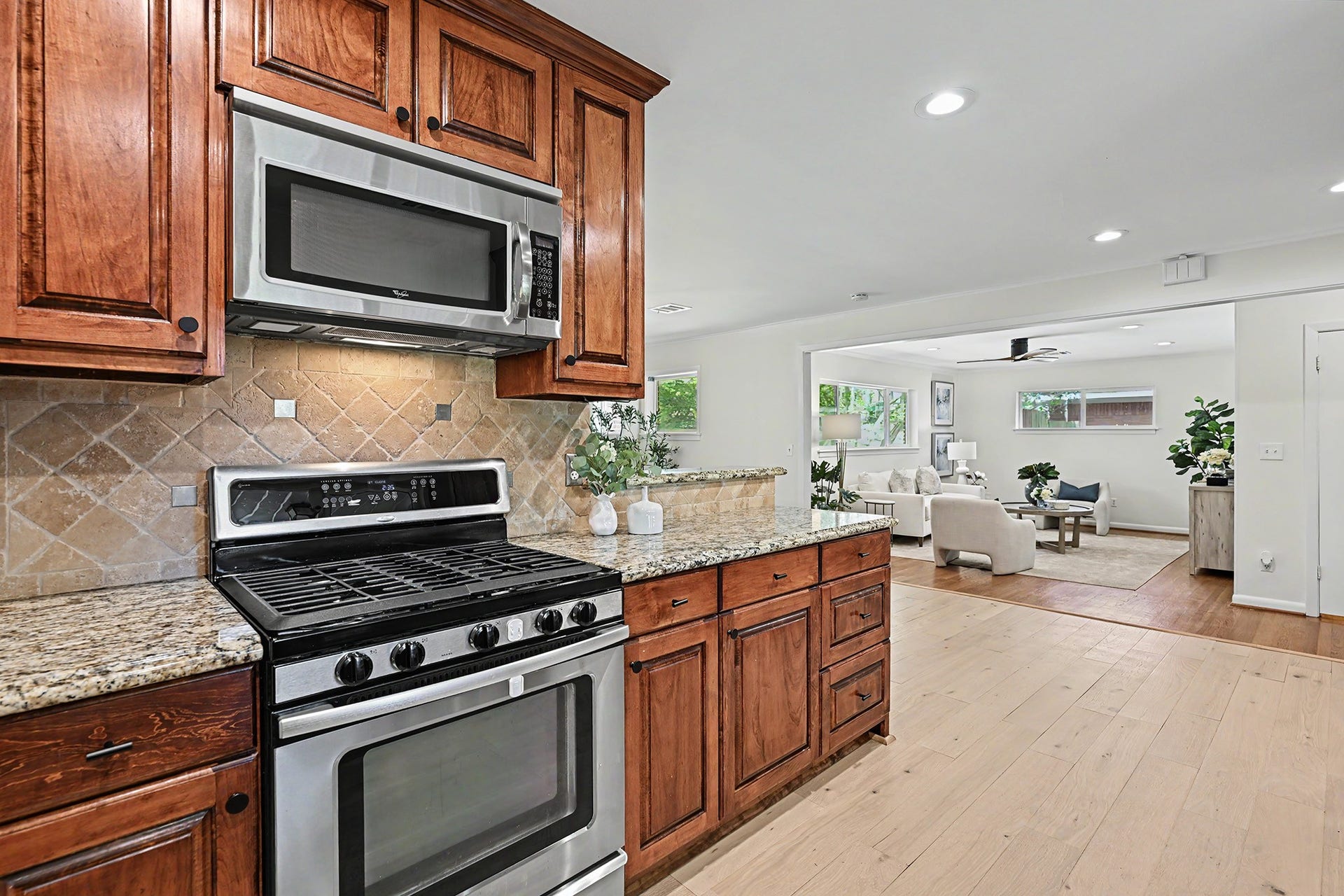 Open spaces among the kitchen, living and dining rooms