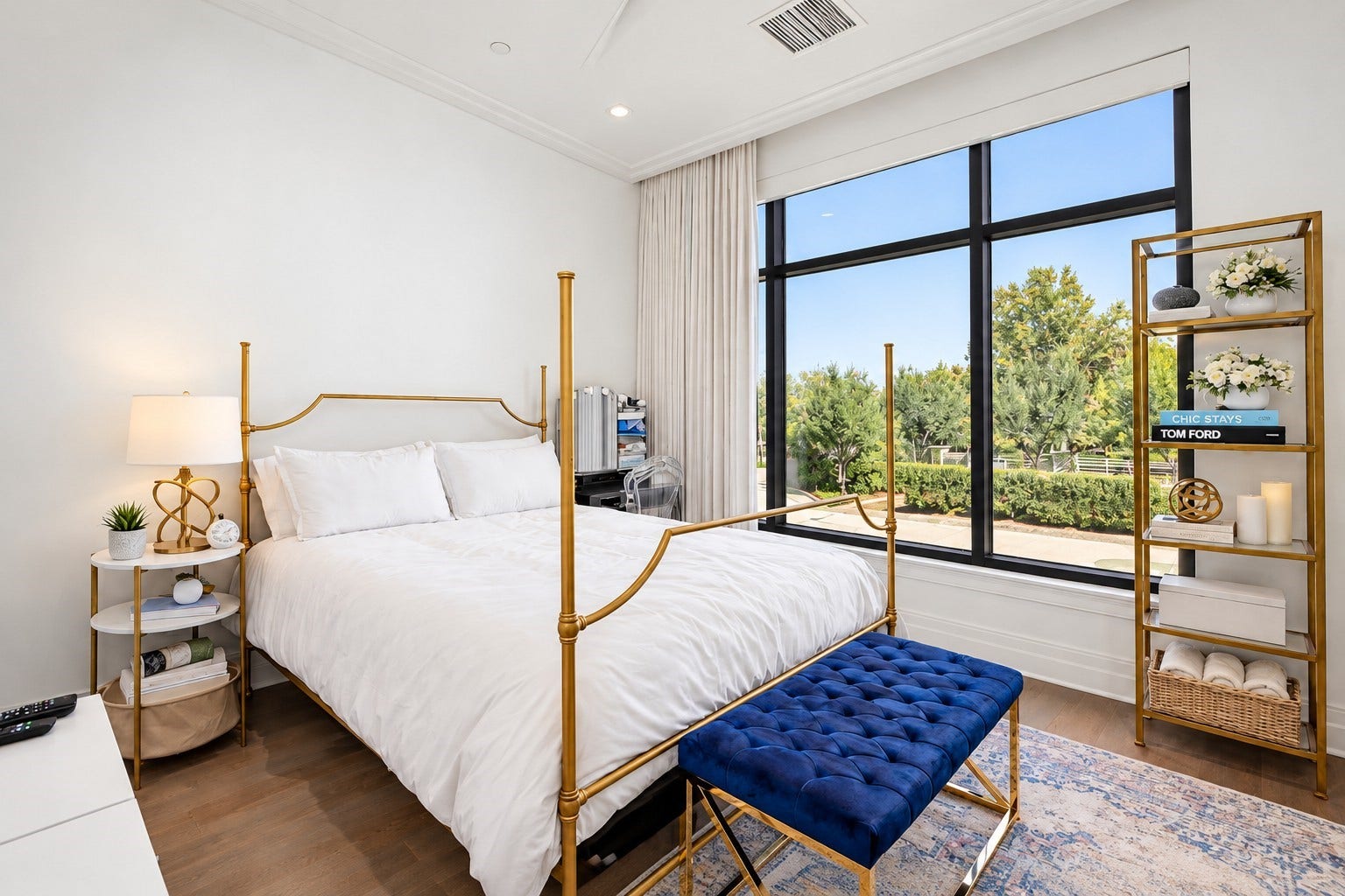 6017 Memorial, #202, Houston, TX 77007 This stunning secondary bedroom enhanced with custom draperies & automatic solar shades is located next to the main terrace and is complete with a carefully crafted walk-in closet by Space Manager.