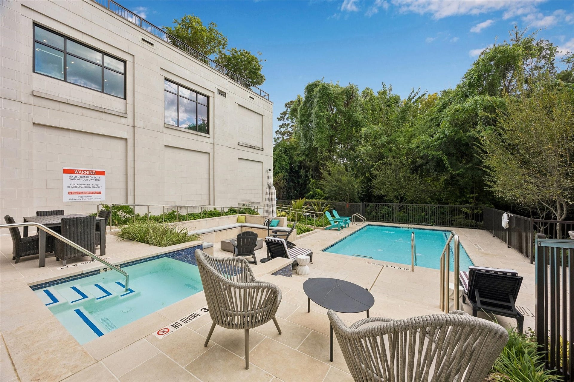 6017 Memorial, #202, Houston, TX 77007 The pool area offers multiple ways to unwind or stay active, with a shallow lounge pool and a main pool featuring a resistance-swimming jet for an added exercise option.
