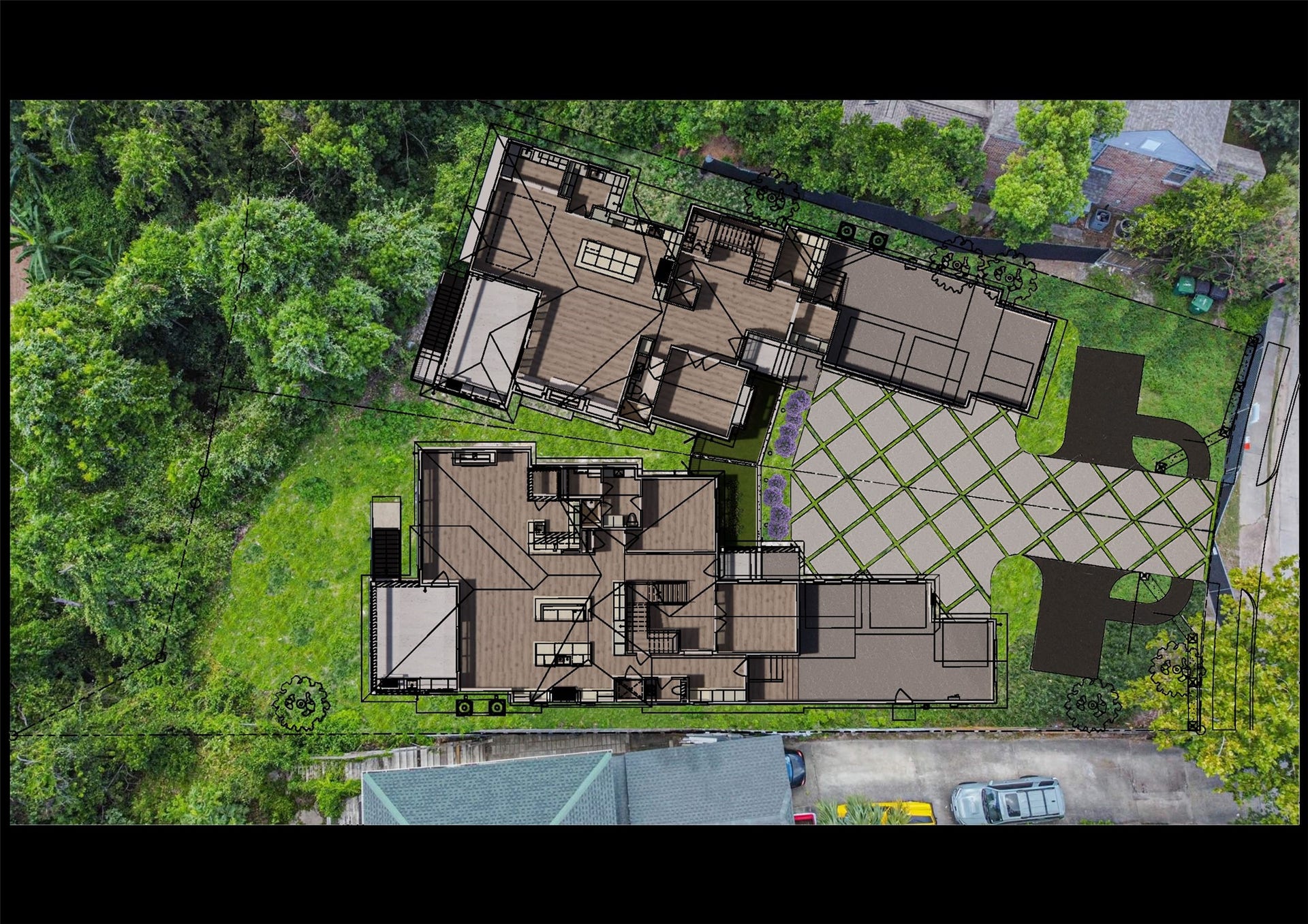 The gated shared driveway offers a large motor court entry to easily access each home's 3 car garage. The subject is situated on 8800+ sqft of land overlooking a ravine and includes 4600+sqft of living space zoned to Travis Elementary.