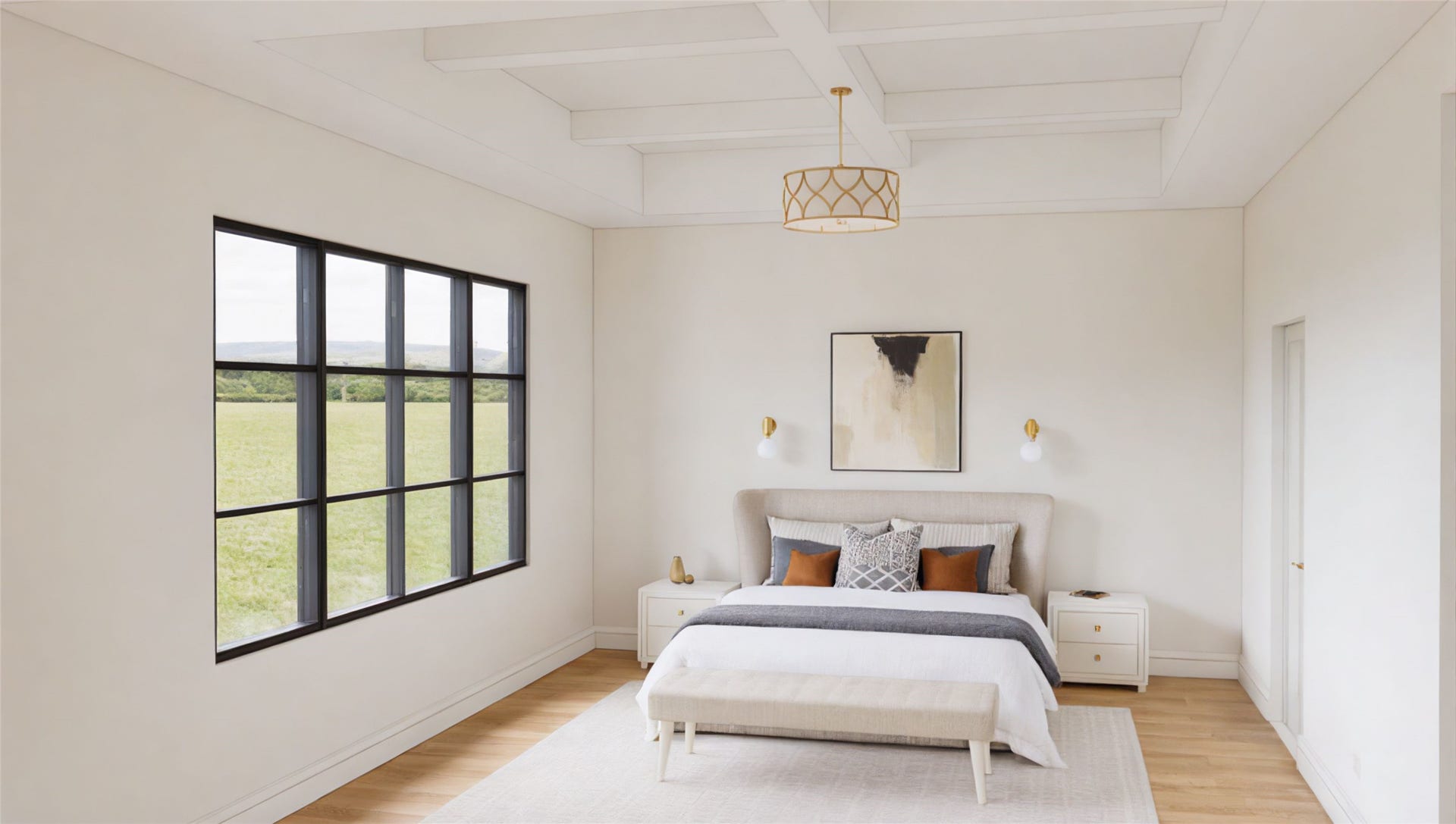 The primary bedroom includes hardwood floors, large windows and a balcony overlooking the ravine.