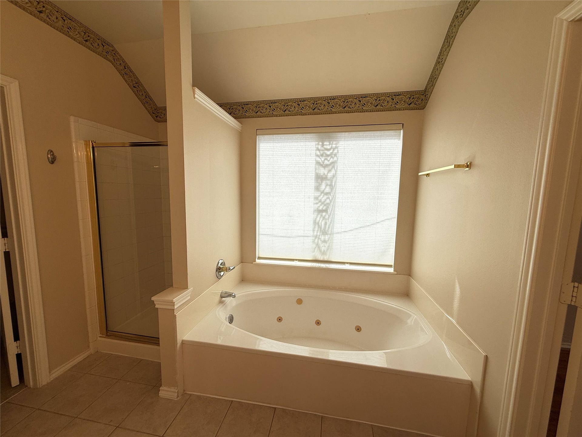 3511 Paigewood Drive, Pearland, TX 77584 Primary bathroom featuring a spacious jetted tub and a separate glass-enclosed shower, complemented by elegant decorative trim.