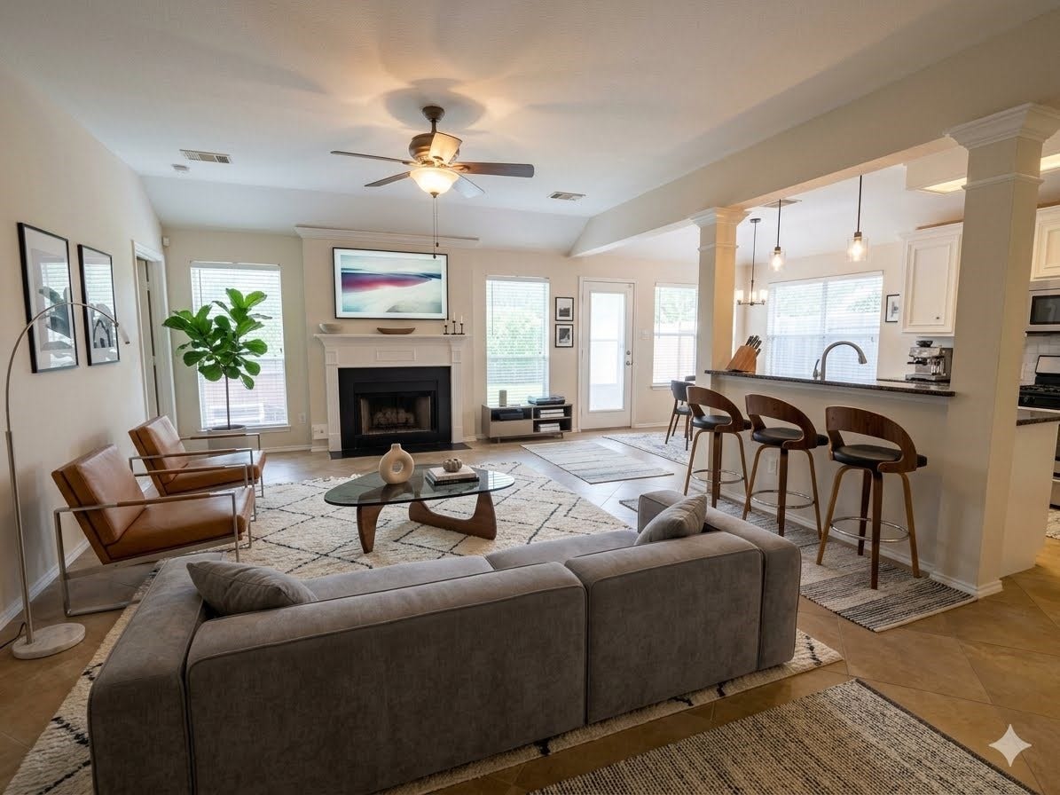 3511 Paigewood Drive, Pearland, TX 77584 Spacious open-concept living area with modern furnishings, a cozy fireplace, and a sleek breakfast bar, perfect for entertaining and relaxation. Furniture placement ideas.