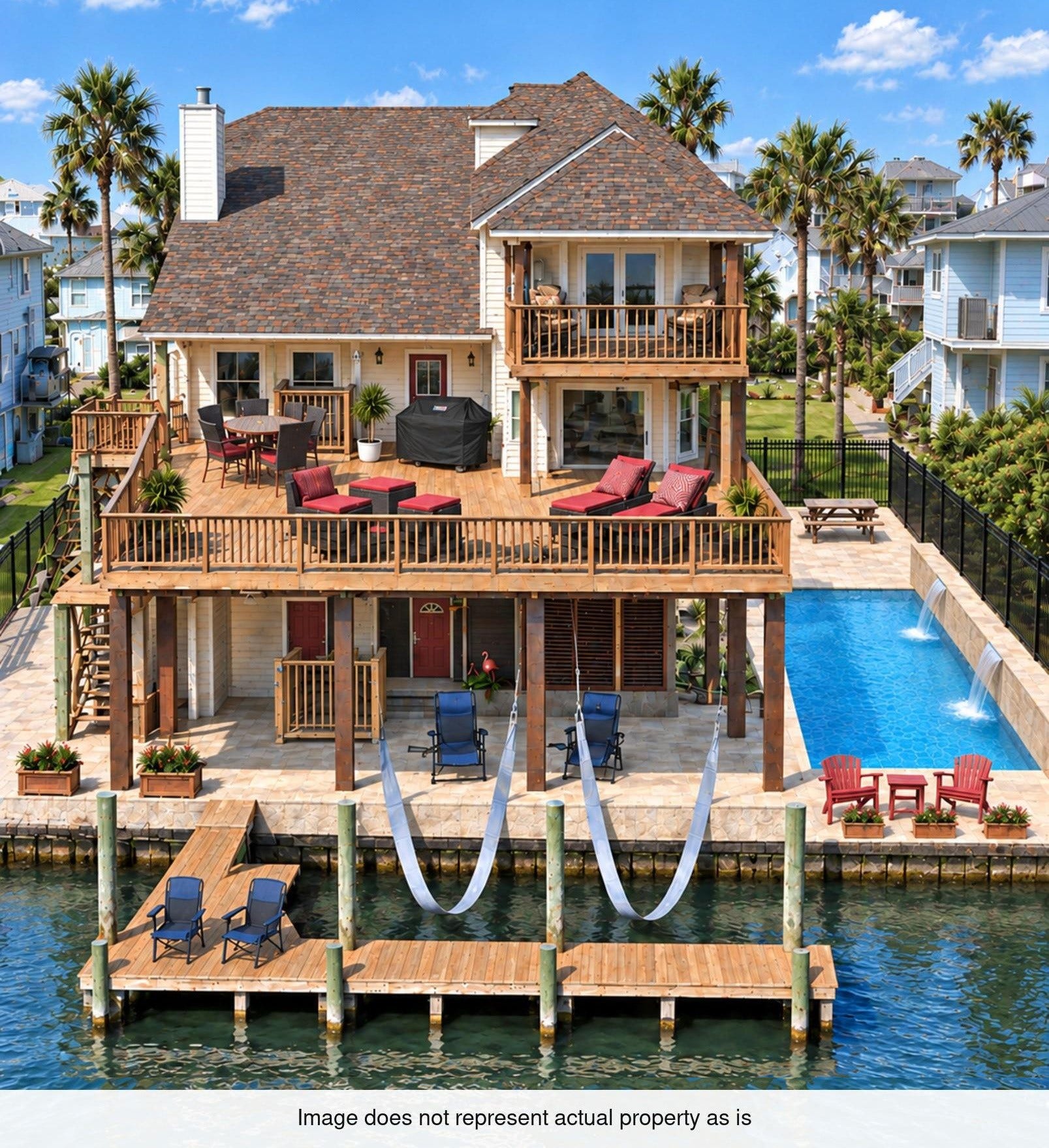 107 Bamaku Bend, Tiki Island, TX 77554 The previous overhead actual drone picture does not provide this angle of the property. However this rendition provides a close reflection of the canal side layout.