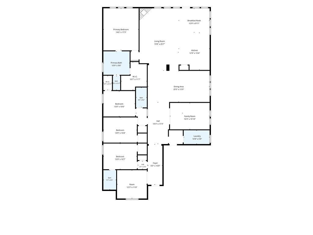 6914 Red Oak Drive, Katy, TX 77493 Expansive floor plan featuring a spacious primary bedroom with ensuite, multiple additional bedrooms, and a generous open-concept living area connecting the kitchen, dining, and family rooms.