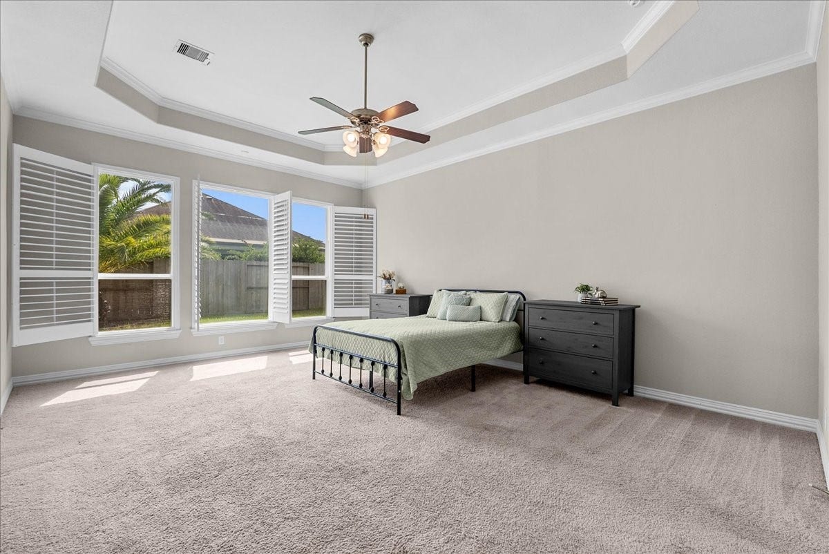 Spacious primary bedroom with a tray ceiling, abundant natural light from large windows with plantation shutters