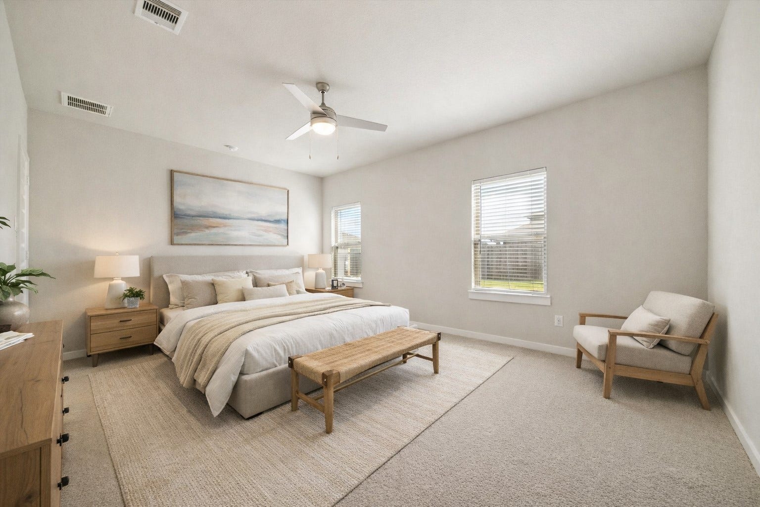 7503 Highland Chase Drive, Richmond, TX 77407 Generous proportions and soft natural light define this primary bedroom, offering flexibility for large furniture, home office, or playroom. Neutral walls and plush carpeting create a calm foundation. *Virtually staged*