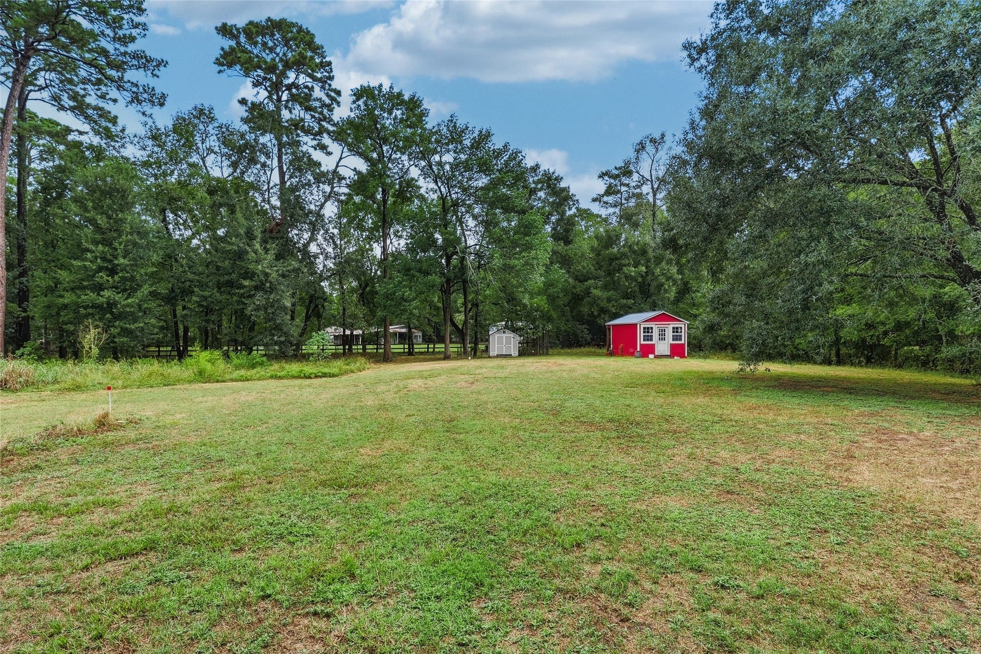8714 Holly Hills Drive, Tomball, TX 77375 Overlooking the expansive backyard, complete with a functional chicken coop and powered red "she" shed.