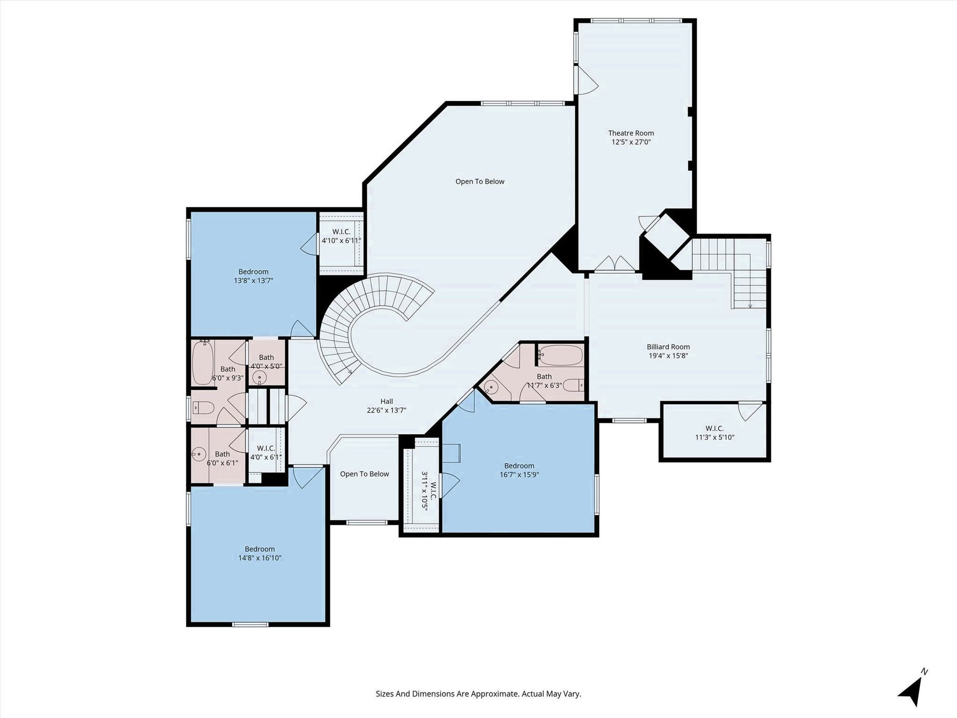 Upper Level: Anchored by a curved staircase leading to three secondary bedrooms, dedicated full baths, a spacious billiard/game room, and a separate private theatre room.