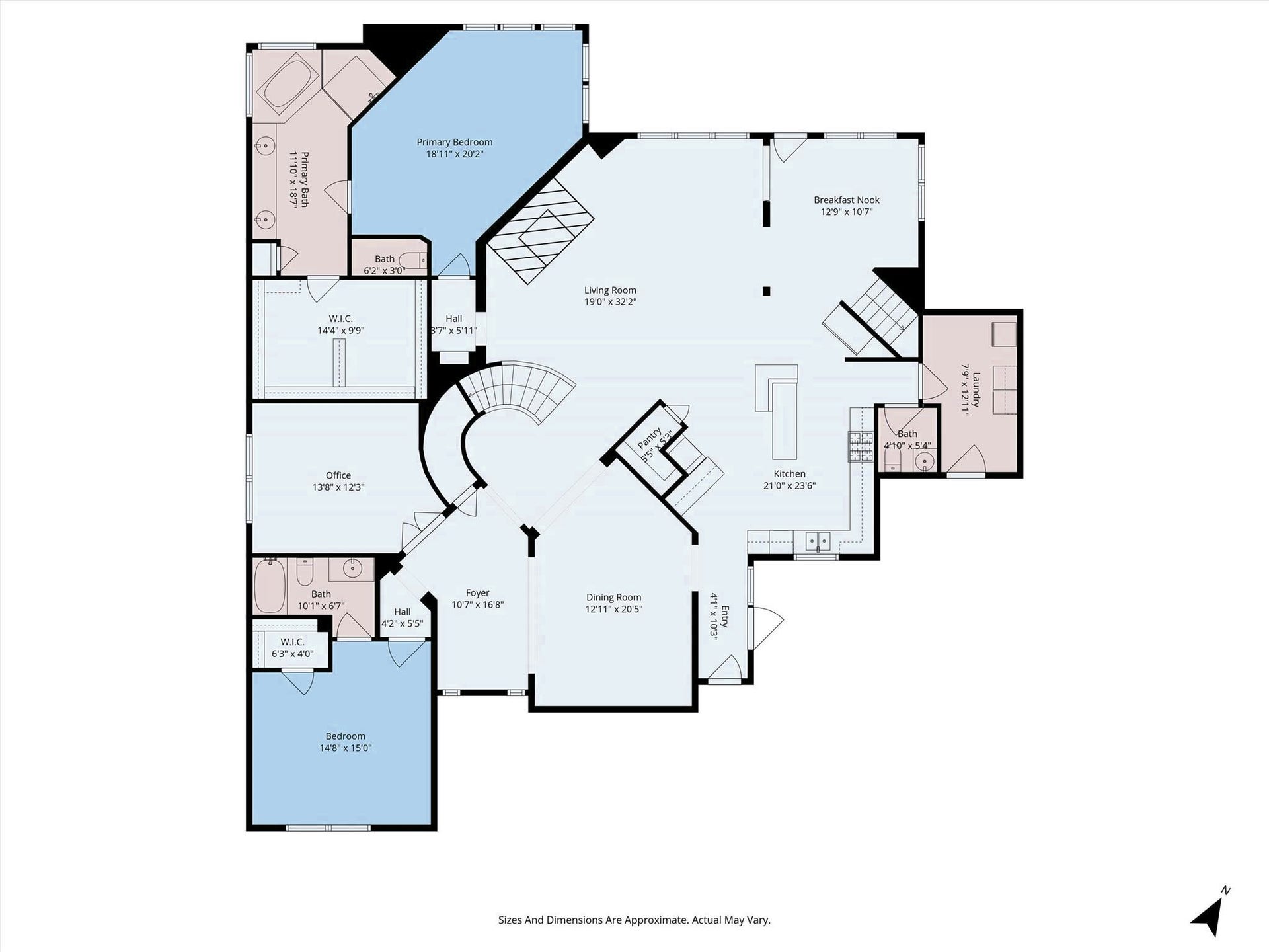 Main Level: Features a welcoming foyer, formal dining room, dedicated home office, open-concept kitchen with island and breakfast nook, expansive living room, main-floor guest suite, and a private primary retreat complete with a full bath and oversized walk-in closet.