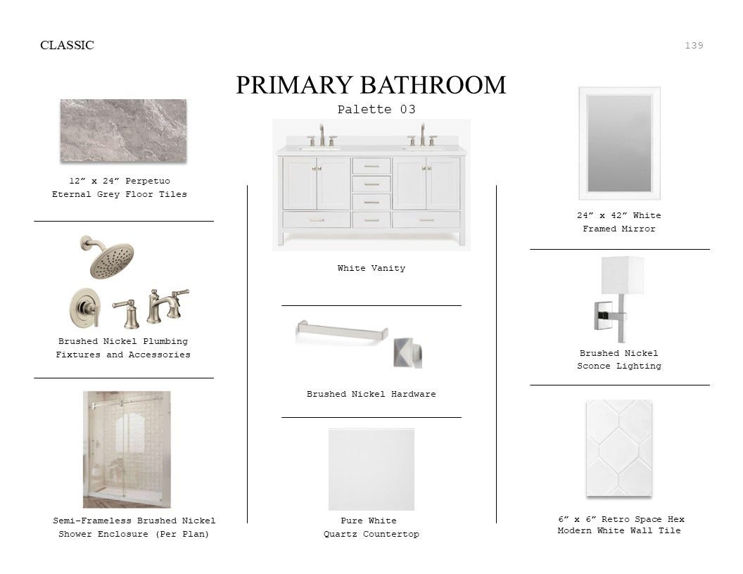 Classic Look Palette 3: Primary Bathroom Selection Sheet (*Artist rendering used for illustration purposes only.)
