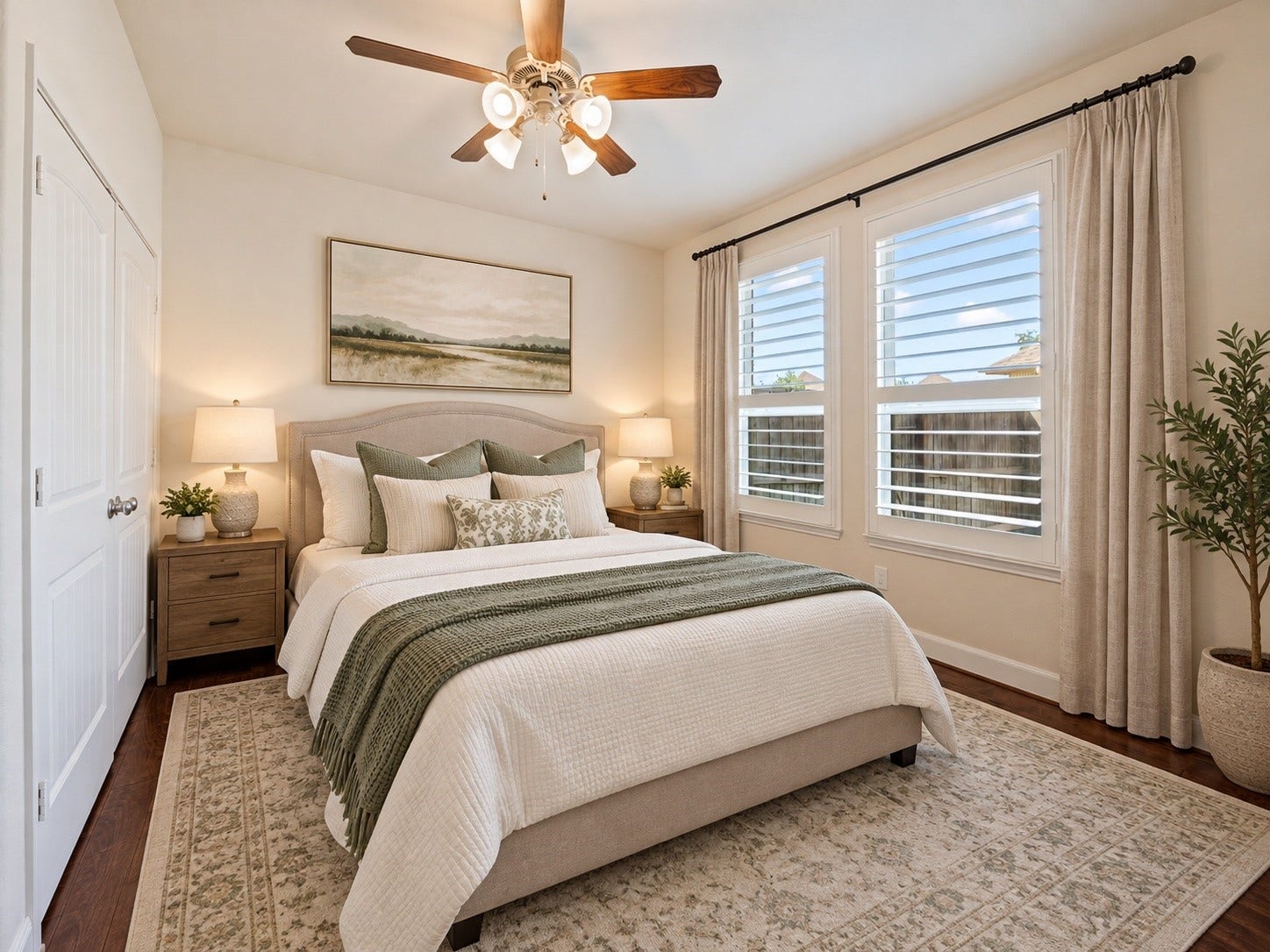 2322 Ashley Falls Lane, League City, TX 77573 2nd bedroom downstairs with rich hardwood flooring, neutral paint tones, ceiling fan and plantation shutters. (Virtually staged)