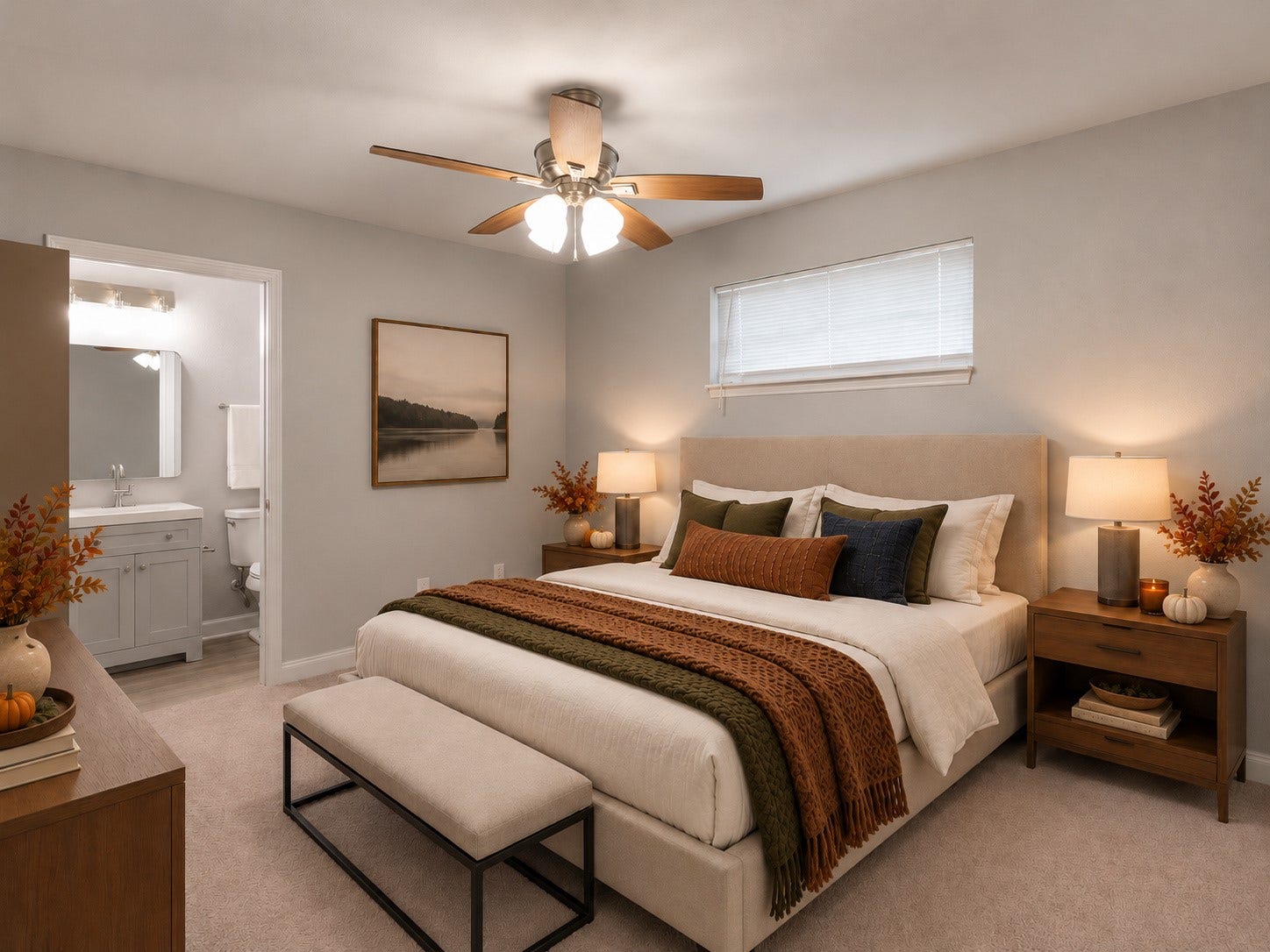 9827 Shive Drive, Houston, TX 77078 Primary bedroom featuring a ceiling fan, neutral finishes, and an adjoining bathroom. Digitally staged.