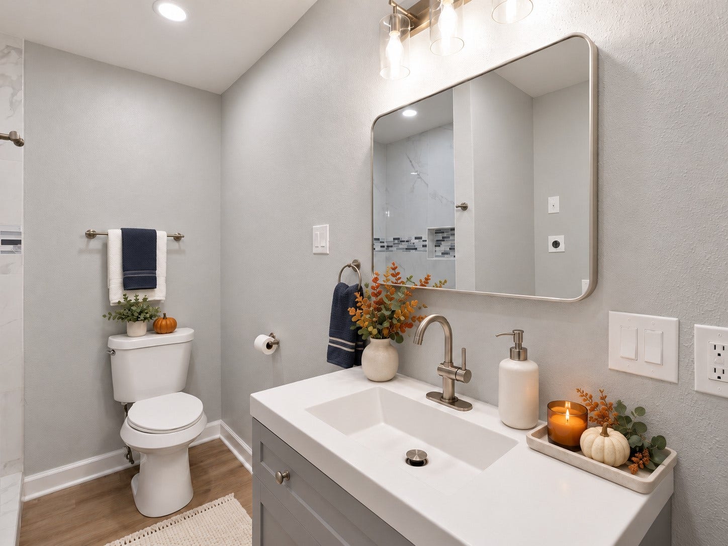 9827 Shive Drive, Houston, TX 77078 Updated bathroom featuring a modern vanity, framed mirror, and coordinated fixtures. Digitally staged.