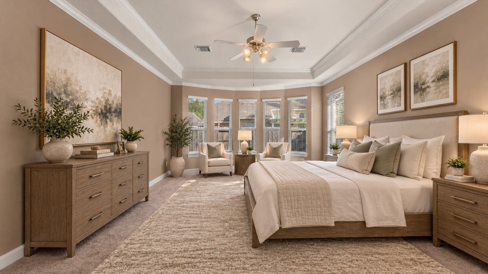 Virtually staged primary bedroom.