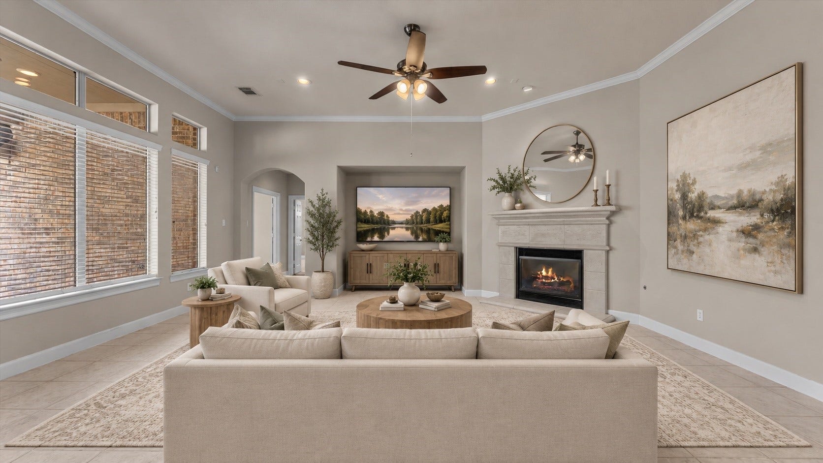 Virtually staged family room.