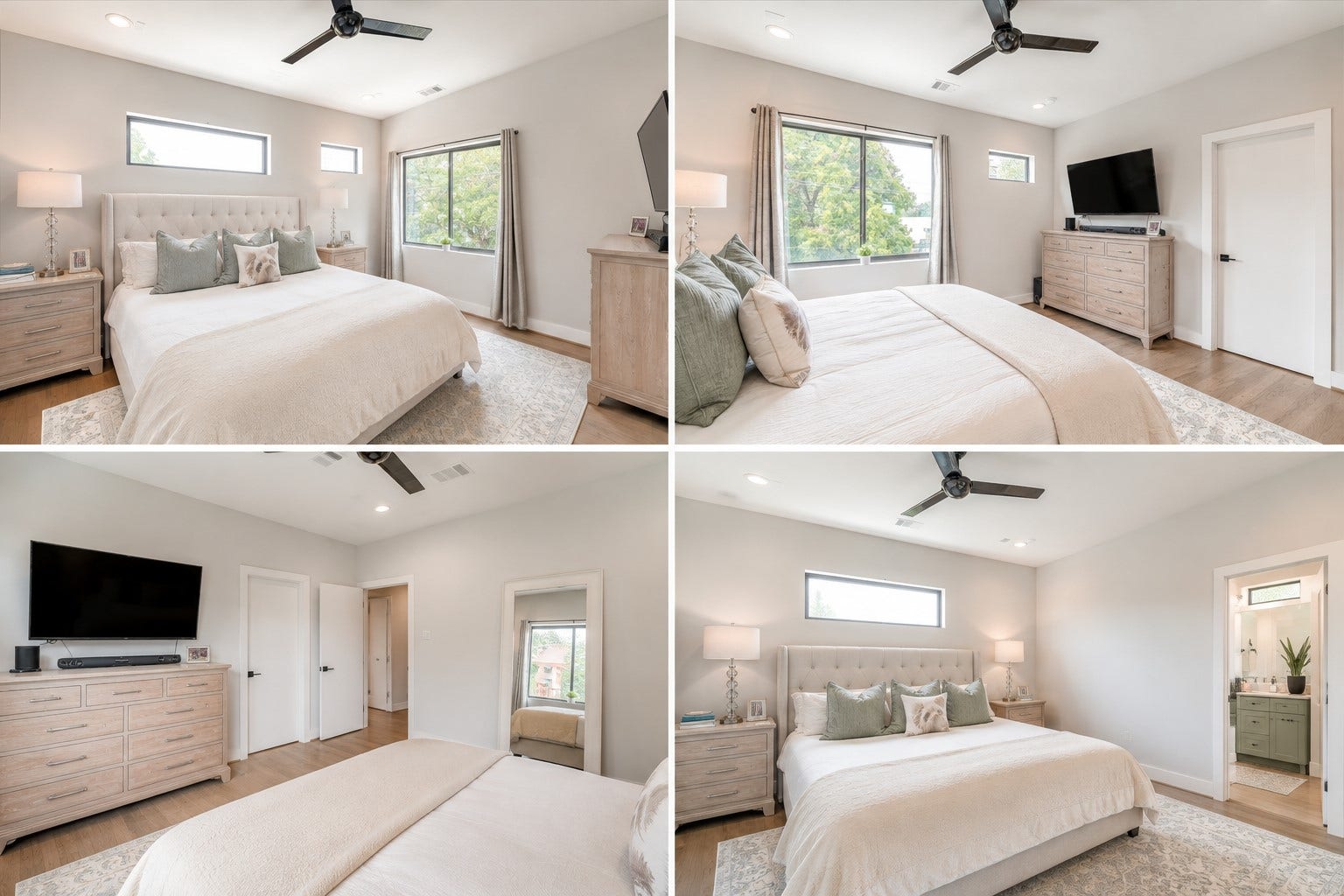 3514 Arlington Street, Houston, TX 77018 Spacious primary retreat with oversized dimensions, abundant natural light, and elegant hardwood flooring. Photos reflect previous furnishings. Home is currently vacant. Furnishings shown are for illustrative purposes only.
