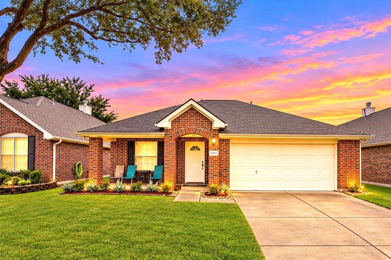 12115 Lucky Meadow Dr, Tomball, TX 77375 Beautifully recent updated landscaping enhances this home's curb appeal, featuring a lush green lawn, neatly maintained flower bed and mature oak tree. The fresh landscaping creates a welcoming and inviting first impression.