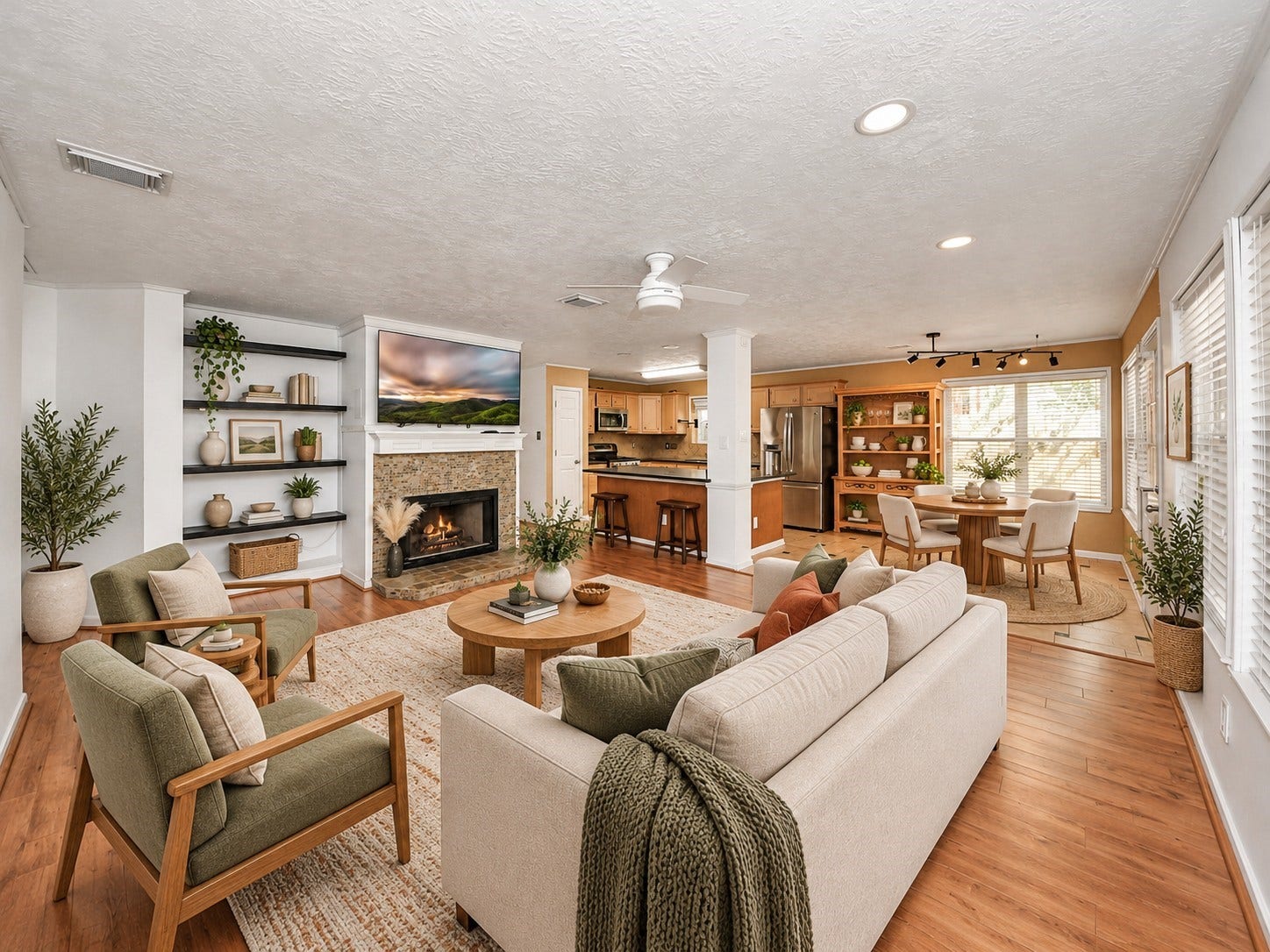 15007 Moss Boulder Court, Houston, TX 77084 Virtually staged family room featuring a fireplace, built-in shelving, and open access to the kitchen.