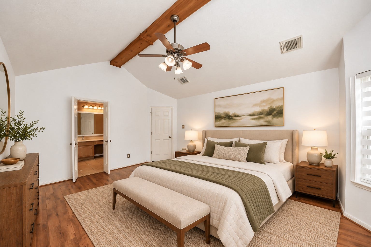 15007 Moss Boulder Court, Houston, TX 77084 Virtually staged primary suite showcasing an exposed wood ceiling beam and en-suite bathroom access.
