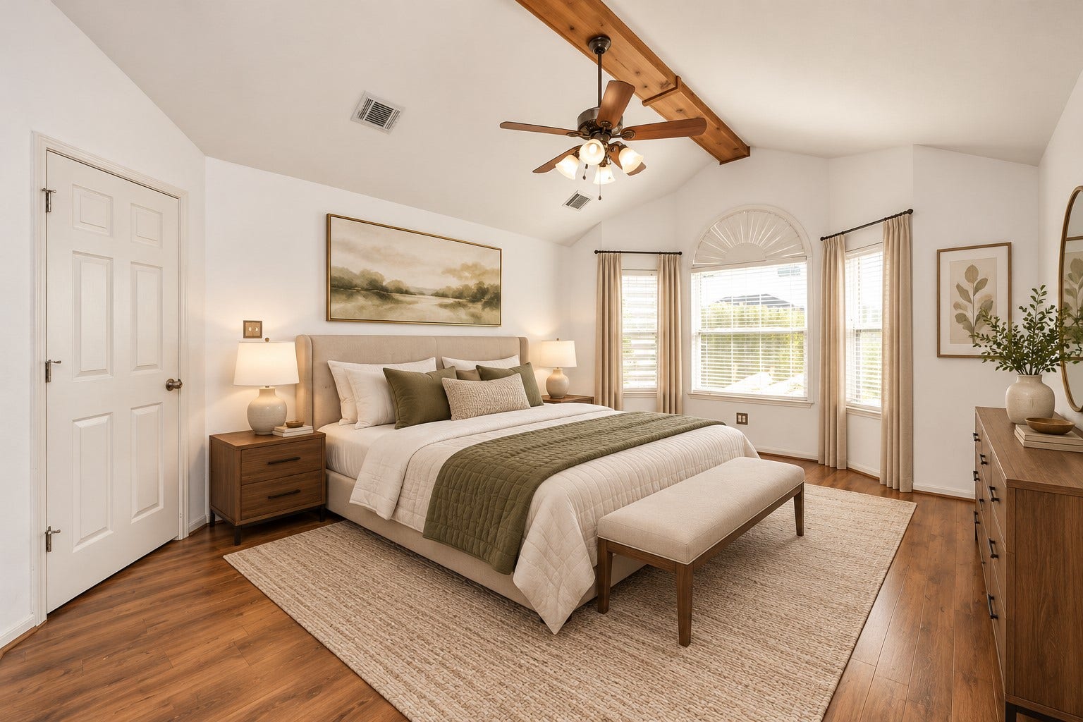 15007 Moss Boulder Court, Houston, TX 77084 Virtually staged primary retreat featuring a dramatic vaulted ceiling and charming arched window.