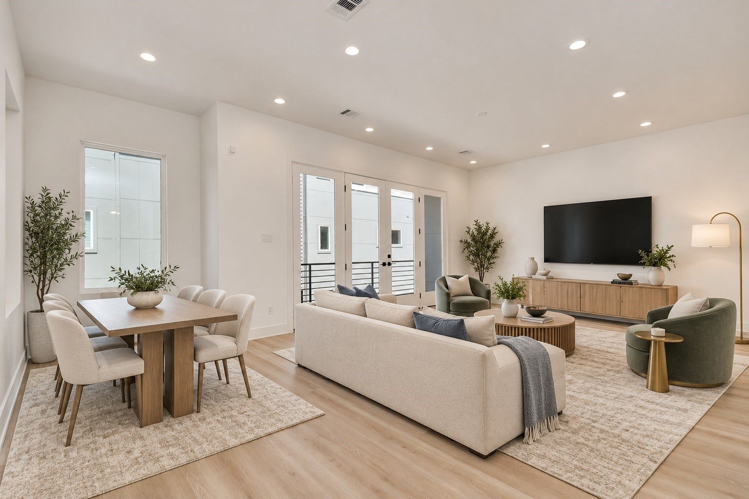 2854 Cline Street, Houston, TX 77020 Virtually staged open-concept living and dining area with balcony access.