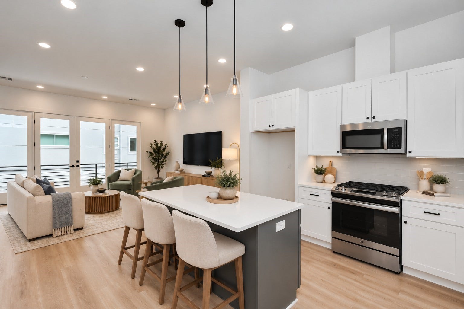 2854 Cline Street, Houston, TX 77020 Virtually staged open-concept living and kitchen area.