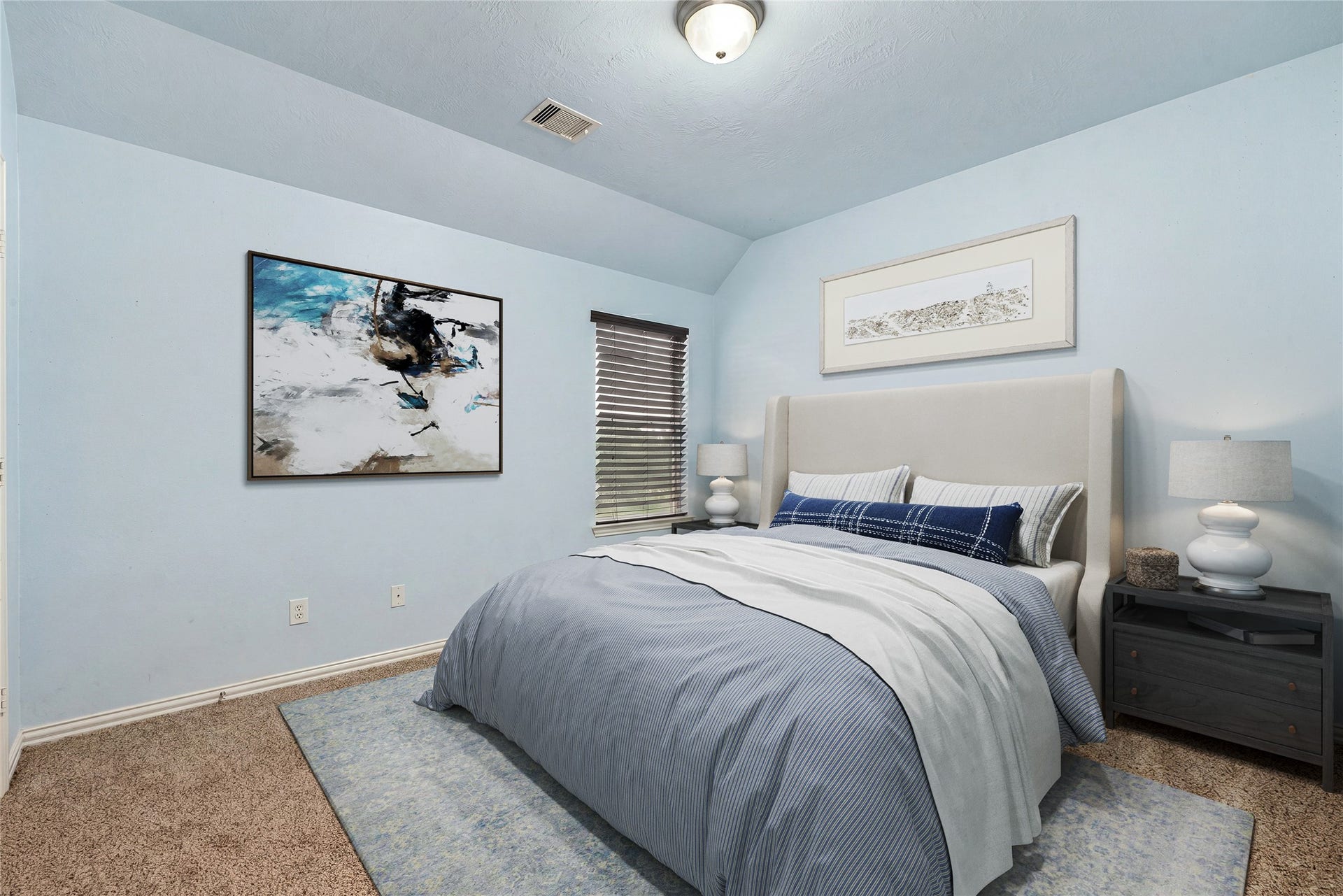 7018 Pearl Terrace Lane, Richmond, TX 77469 Comfortable secondary bedroom with a vaulted ceiling, soft natural light, and neutral carpet, a cozy, versatile retreat. *Virtually Staged