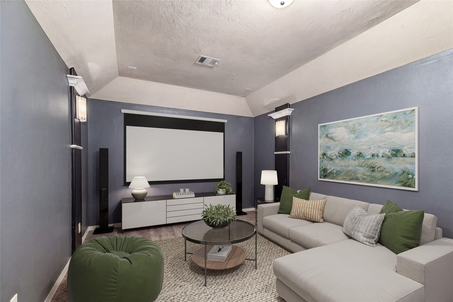 7018 Pearl Terrace Lane, Richmond, TX 77469 Dedicated media room with a tray ceiling, custom sconce lighting, and a moody accent palette, pre-wired and ready for the ultimate movie-night setup. *Virtually Staged