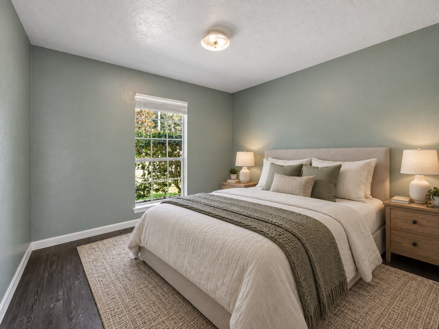 16911 Summer Dawn Place, Houston, TX 77095 First guest bedroom pairs soft green walls with Pergo laminate flooring installed in 2006 and a window overlooking the greenery outside.